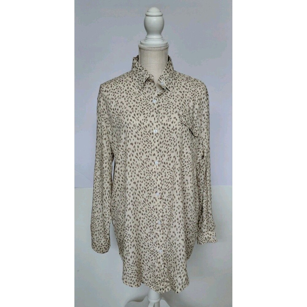 Zoye Chen Sz M Cream/Brown Animal Print Longline Button Front Long Sleeve Blouse